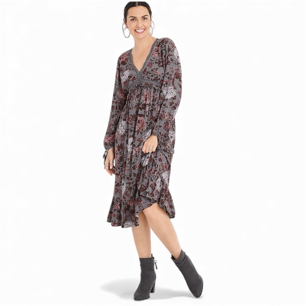 Maurice’s Gray Floral Lace Trim long sleeve tiered hem chiffon gypsy Midi Dress